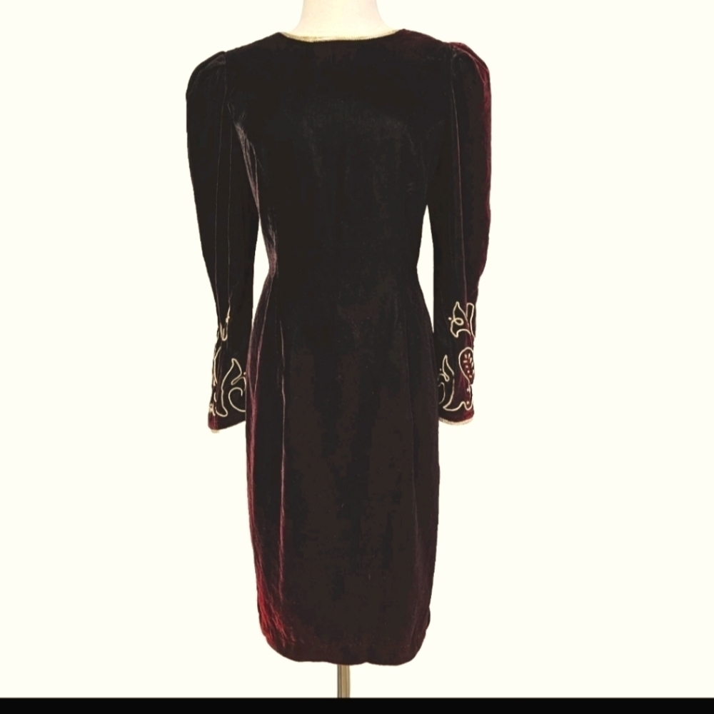Vintage 1980's HW Collection Burgundy Plum Embellished Velvet Party Dress Sz 14
